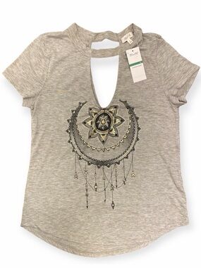 Women’s Gray Dream Catcher Cut-Out Neck T-Shirt Large Gold Accent Graphic NWT
